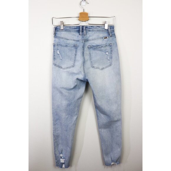 Kancan Distressed High Waist Mom Jeans Skinny Leg Raw Hem Light Wash Blue 26 - Picture 3 of 12